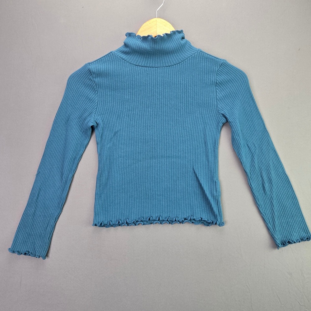 Wonder Nation Girls Ribbed Turtleneck Top M 7-8 Teal Blue Lettuce Edge Tee